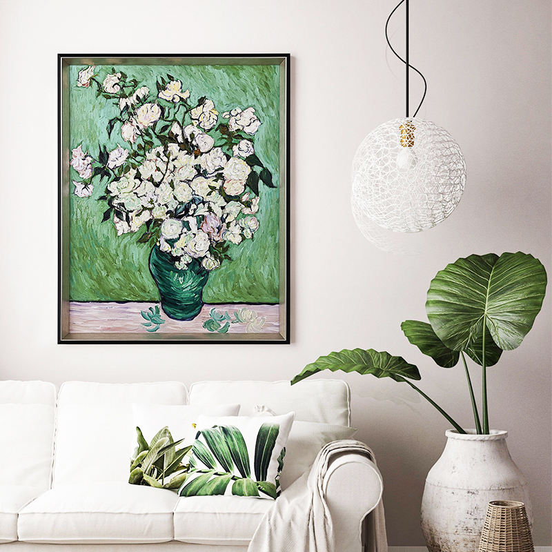 Art Van Gogh white rose living room decoration painting Xuanguan floor painting New classical hand-painted background wall mural painting