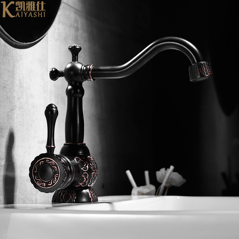 Kaiyashi European antique washbasin faucet Hot and cold black carved table height full copper basin faucet rotation