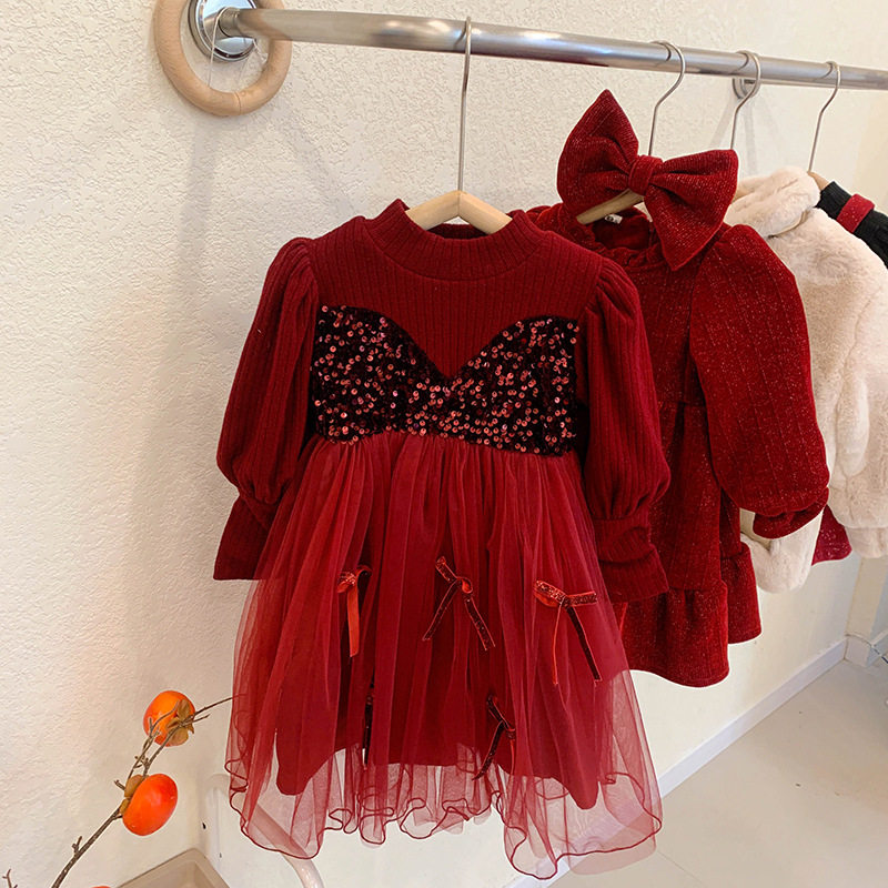 Hong Kong red girls dress early spring children's suit New Year's clothing 2022 spring and autumn female baby sweater skirt fashion