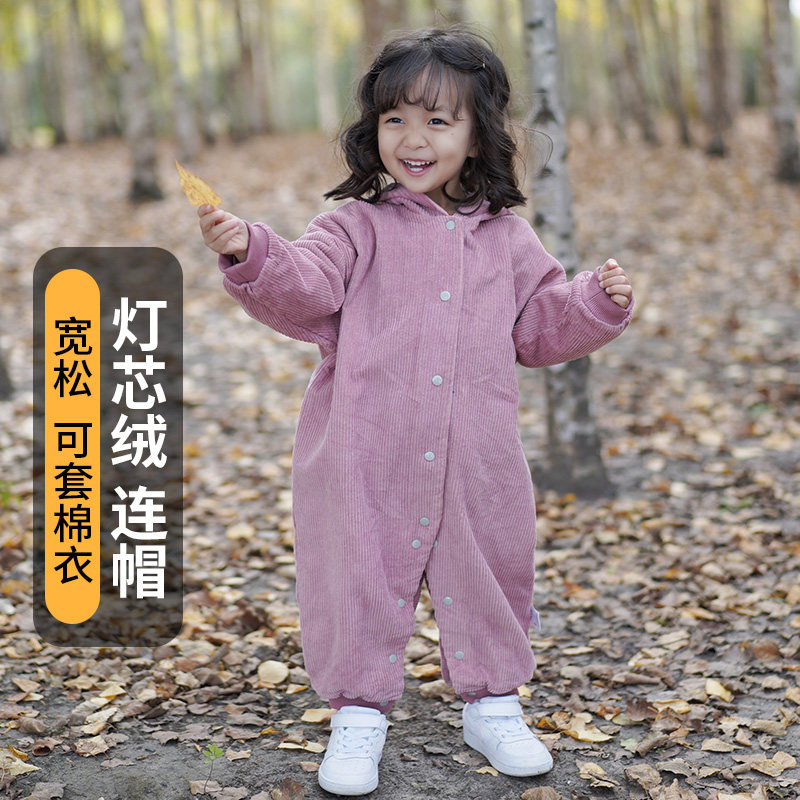 Hong Kong jumpsuit all-in-one corduroy outer wear spring and autumn girl baby baby body anti-dirty children cute western style