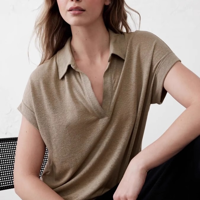 Banana Republic 25 Spring/Summer Linen Short-Sleeve Shirt Collar Top for Women, White, in Stock