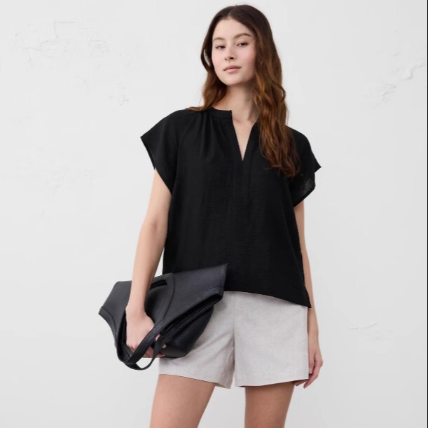 Banana Republic 25 Summer Women's Small Open Collar Flying Sleeves Black Short-Sleeved Shirt