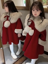 Girls autumn and winter Christmas woolen coats baby girls winter red coats childrens velvet New Years shirts childrens clothing