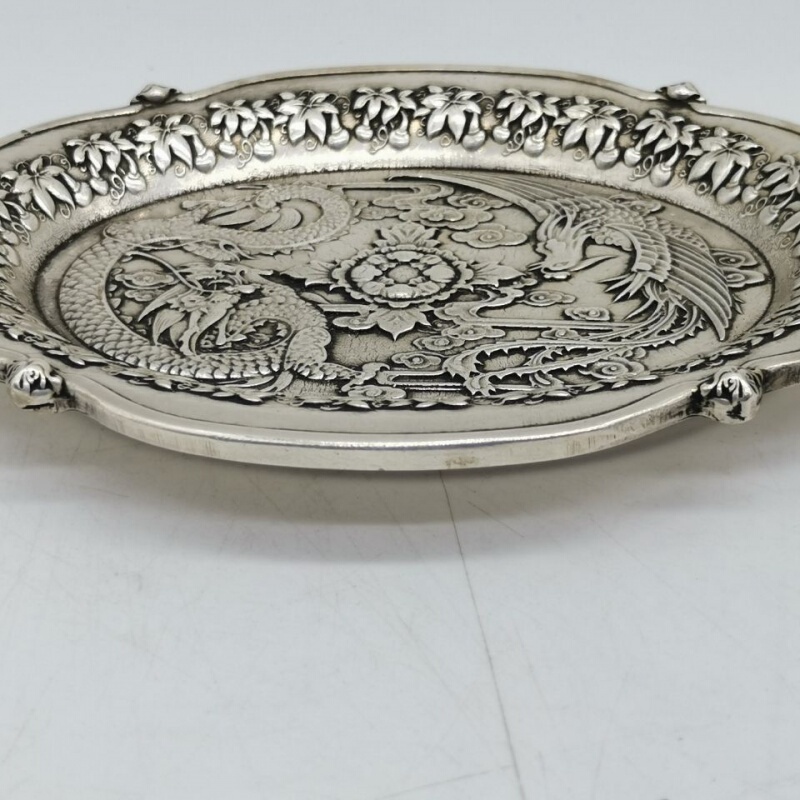 Antique Collection Silver Plate, Old Silver Plate with Dragon and Phoenix Motifs, Silver Dish Ornament, Small Plate, Fruit Plate, Storage Plate