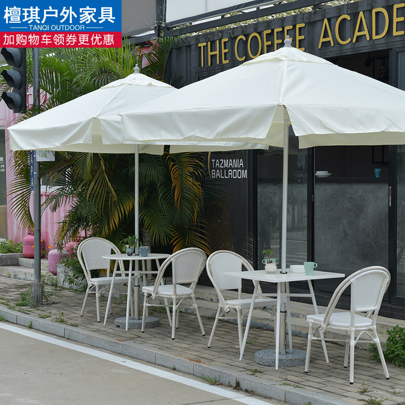 Outdoor white table and chair with umbrella combination balcony courtyard garden milk tea coffee shop outdoor rattan net red rattan chair