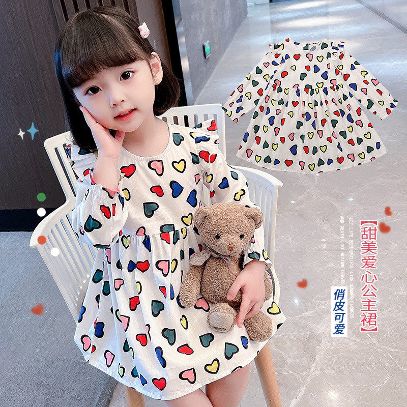 Girls dress 2022 spring and autumn new cotton love skirt flying sleeves Western style children's skirt long-sleeved baby girl princess skirt
