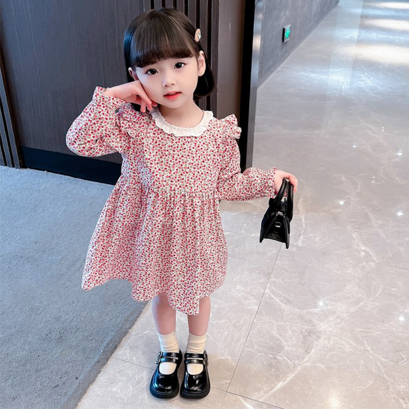 Girls Floral Dress Cotton Spring and Autumn New Lace Collar Children's Western Style Children's Skirt Girl Baby Children's Princess Skirt