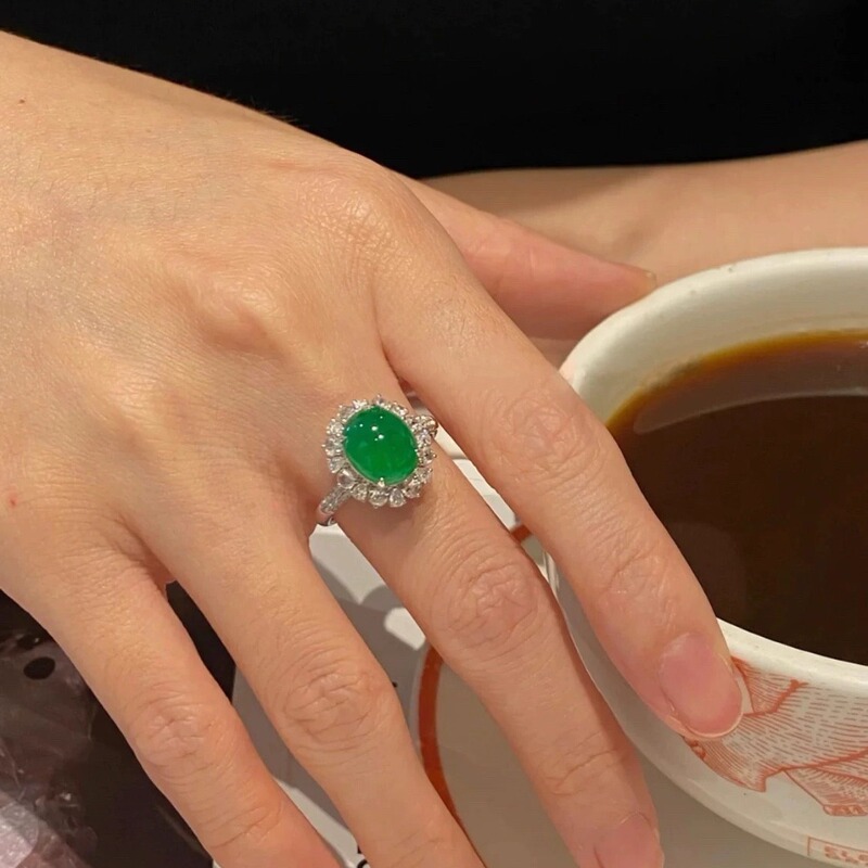 Natural Ice-Type Full Green Jadeite Ring, Burmese A-Grade Light Green Cabochon Jade Ring, 18K Gold Inlaid Glass-Type Women's Ring