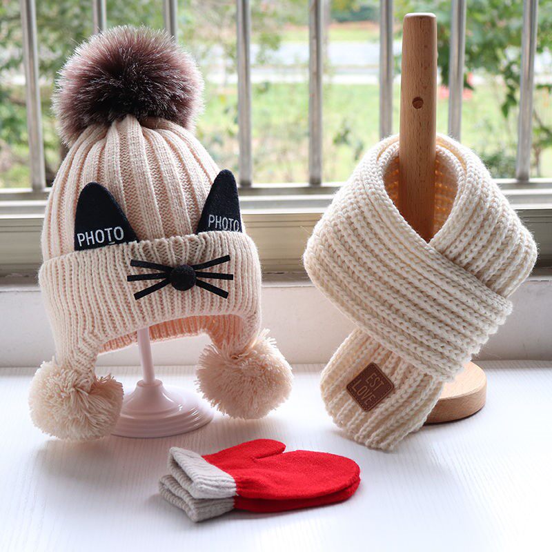 Baby Hat Scarf Kids thickened knitting Hat around neck gloves cute cat in autumn winter
