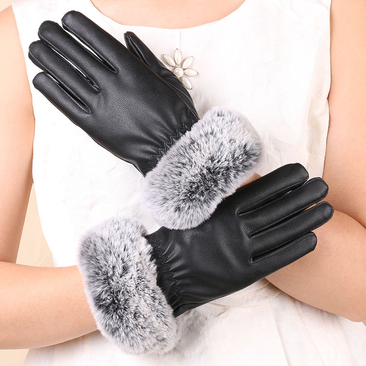 Leather gloves female winter gloves warm and cold ride gloves winter lady touch screen rabbit hair gloves inside plug
