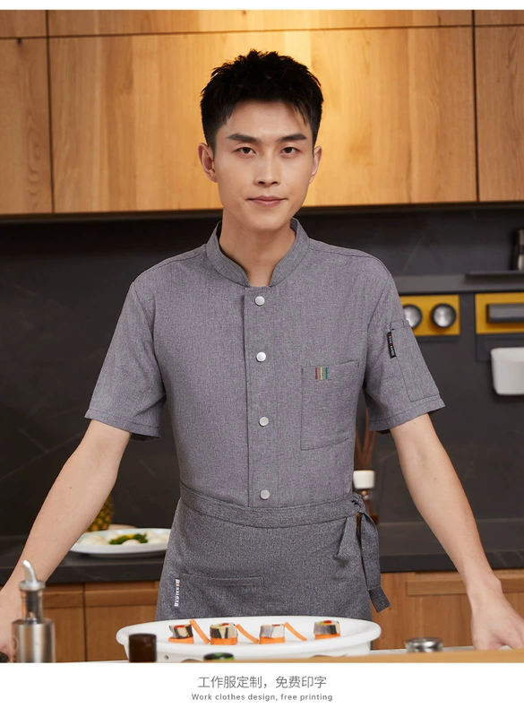Cotton quần áo làm việc đầu bếp tùy chỉnh nam mùa hè tay ngắn nhà hàng khách sạn thịt nướng nhà hàng lẩu căng tin quần áo làm việc in logo áo đầu bếp áo bếp nữ