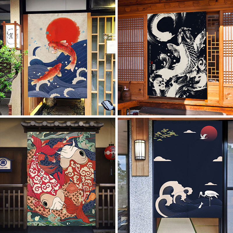 Japanese-Style Door Curtain with Ukiyo-E Wave Pattern, Home Partition Curtain for Kitchen and Bathroom, Hanging Curtain for Bedroom, No-Drill Half Curtain