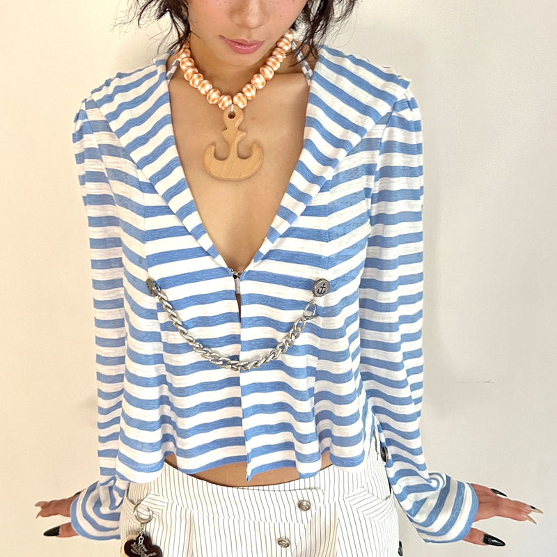Xiao Zhan Wan Nida's Same Style Striped Navy Chain Cardigan Sun Protection Air Conditioning Shirt with Hood, Loose and Slim Fit Nitalcove