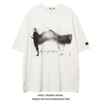 HYXDJ original dark black ensemble oversize abstract printed short sleeve t-shirt male and female American street loose bf blouses