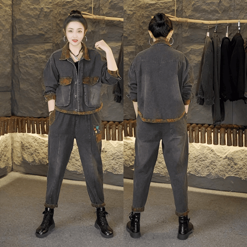 2026 New Denim Suit for Women, Fashionable Mother's Wear, Spring Outfit, Stylish Loose Washed Jacket and Pants Two-Piece Set