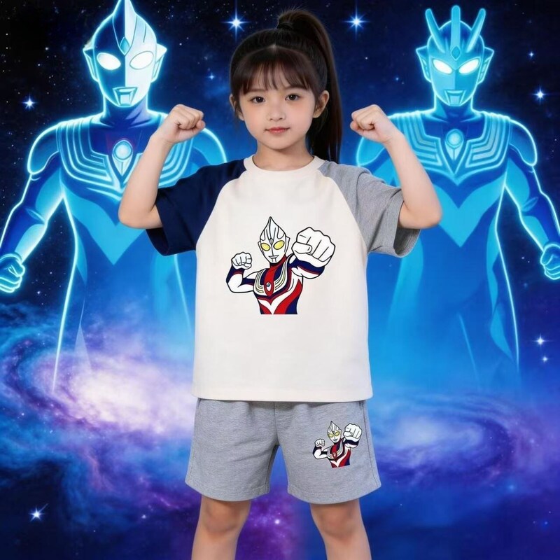 Boys and Girls Tiga Pure Cotton Short-Sleeved Suit Kidsren's Summer Sports Thin T-Shirt Ultraman Shorts Two-Piece Trendy Set