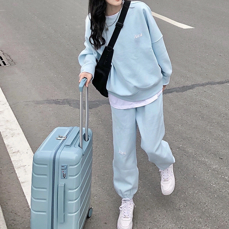 Sports suit women's fashion western style new blue spring and autumn loose casual large size thickened sweater pants two-piece trendy