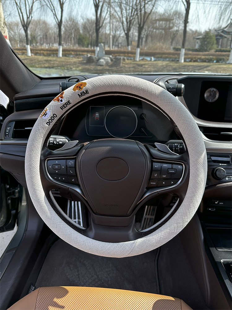 Cotton and Linen Steering Wheel Cover 2024 New Embroidered Fabric Non-Slip Sweat-Absorbent Ultra-Thin All-Season Unisex Car Steering Wheel Cover