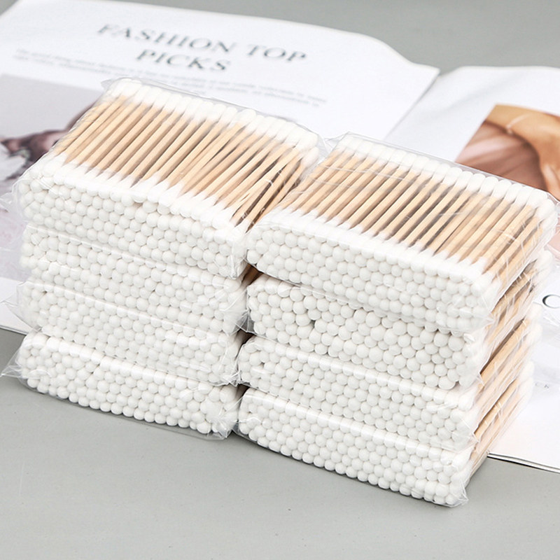 Double head multifunction wood cotton stick digging ear tampon Earner Bag cleaning cotton stick Makeup Digging Ear scoop