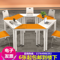 Color Student Discussion Table Hexagon Training Table And Chairs Combination Trapezoidal Coaching Table Free Splicing Hexagon Conference Table