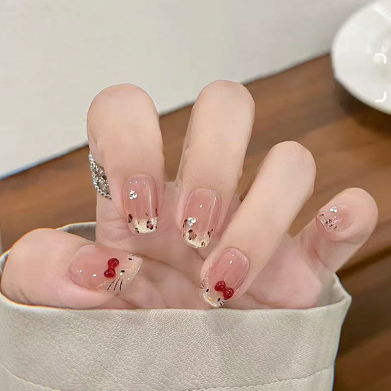 Korean-Style Kitty Press-On Nails, Water-Gloss Cat-Eye Leopard Print, Cute Early Autumn Vibe, Brightening Short Nails, Detachable