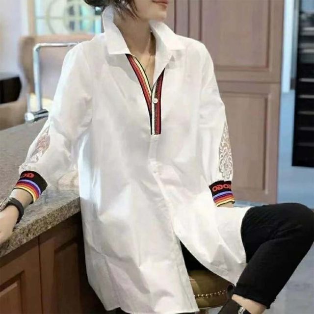 Counter withdrawal clearance export international European goods white long-sleeved shirt women's design sense fashion loose chic top