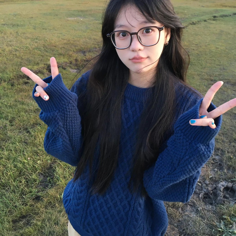 Navy Blue Retro Twist Knit Sweater for Women, Autumn and Winter Trendy Brand Ins Style, Loose and Lazy Style Knitwear Casual Top