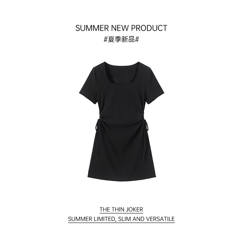 I am your cc fat mm thin short-sleeved black dress Slim sexy waist square collar women's summer