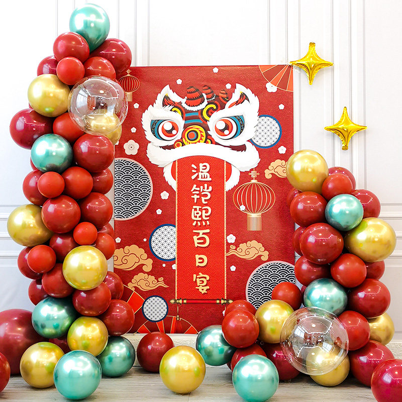Chinese wind baby's birthday 100 days sent to balloon package Chinese style poster grabbing week background wall Scene arrangement-Taobao
