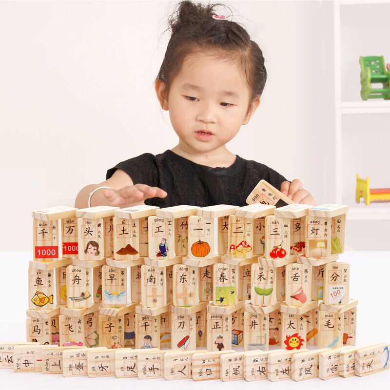 Chinese Character Building Blocks Domino Dominoes Printed 100 pieces of children wooden Chinese characters Puzzle Toys