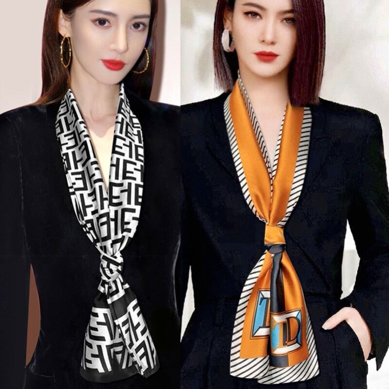 Silk Scarf in a Small Long Strip Shape, New 2022 Trendy Hot Item for Spring and Autumn, Korean Style Thin Belt, Neckband, Black and White Hair Tie