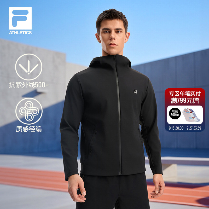 Sun Protection Fila Official Authentic Knitted Hooded Jacket for Men, New Autumn Sports Long-Sleeved Top, Black