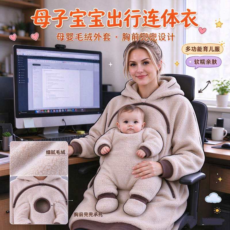 Kangaroo Pocket Mother-Child Jumpsuit with Hood, Women's Clothing, Baby Autumn and Winter Fleece-Lined Parent-Child Matching Outfit, Baby Travel Jumpsuit Kangaroo Pocket Mother-Child Jumpsuit with Hood, Women's Clothing, Baby Autumn and Winter Fleece-Lined Parent-Child Matching Outfit, Baby Travel Jumpsuit