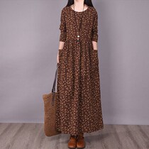 Net red Pure Cotton Long Sleeve Dress Dress Woman Autumn New Retro Art Crummy With Big Code Loose and Thin Underskirt