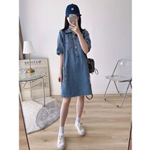 Net Red style retro small sub denim dress Polo turn collar Collar Ribs half-door flap Pockets Loose Straight