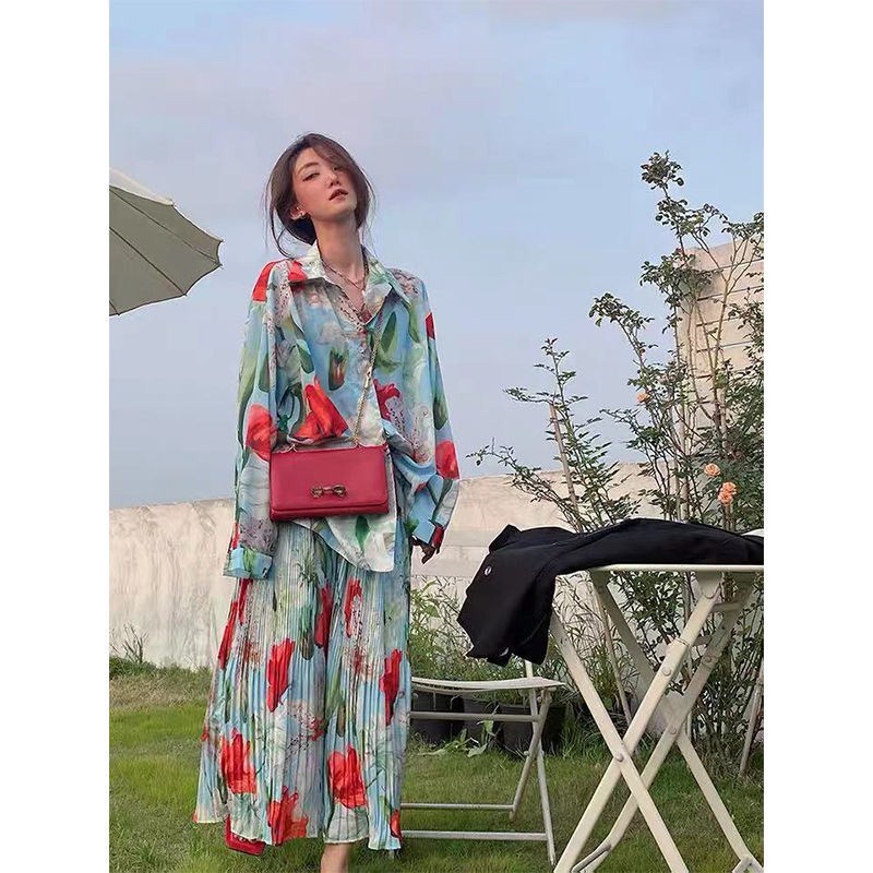 Net red money 2022 spring new chagal printed plexigo dresses fashion suit floating fashion printed shirts cover