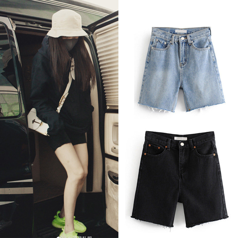 2022 summer new five-point pants women's loose net red Korean version slim high waist riding denim wide-leg shorts with raw edges