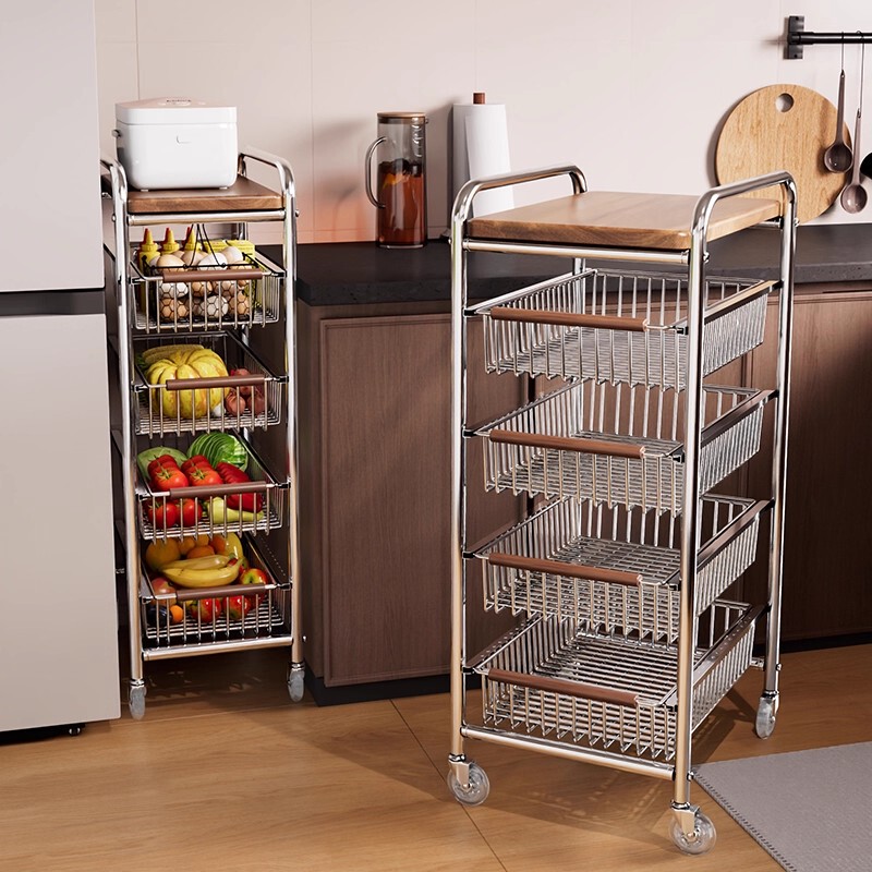 Kitchen Fruit and Vegetable Storage Rack, Snack Cart, Vintage Living Room Floor-Standing Mobile Storage, Multifunctional Home Dining Side Cabinet