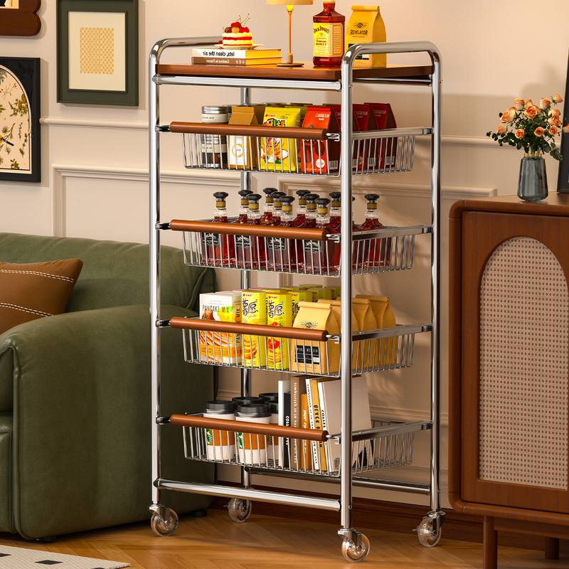 Kitchen Fruit and Vegetable Storage Rack, Snack Cart, Vintage Living Room Floor-Standing Mobile Storage, Multifunctional Home Dining Side Cabinet