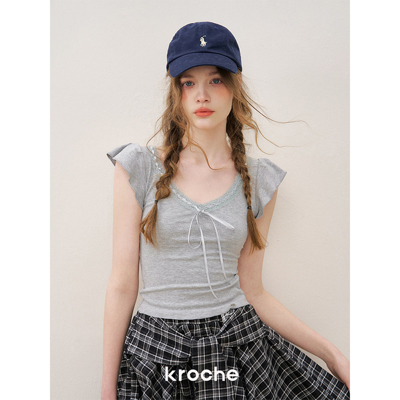 KROCHE リボン レース Vネック 半袖 Tシャツ KEC8003