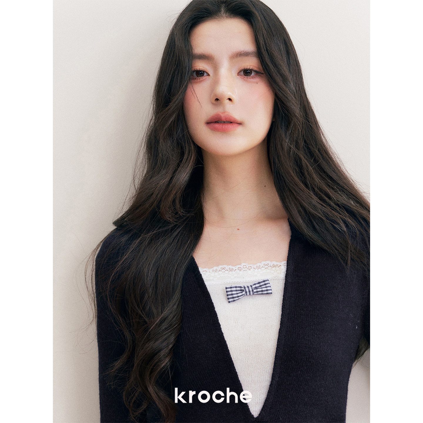 KROCHE リボン Vネック チェック 重ね着風 セットアップ KP9027