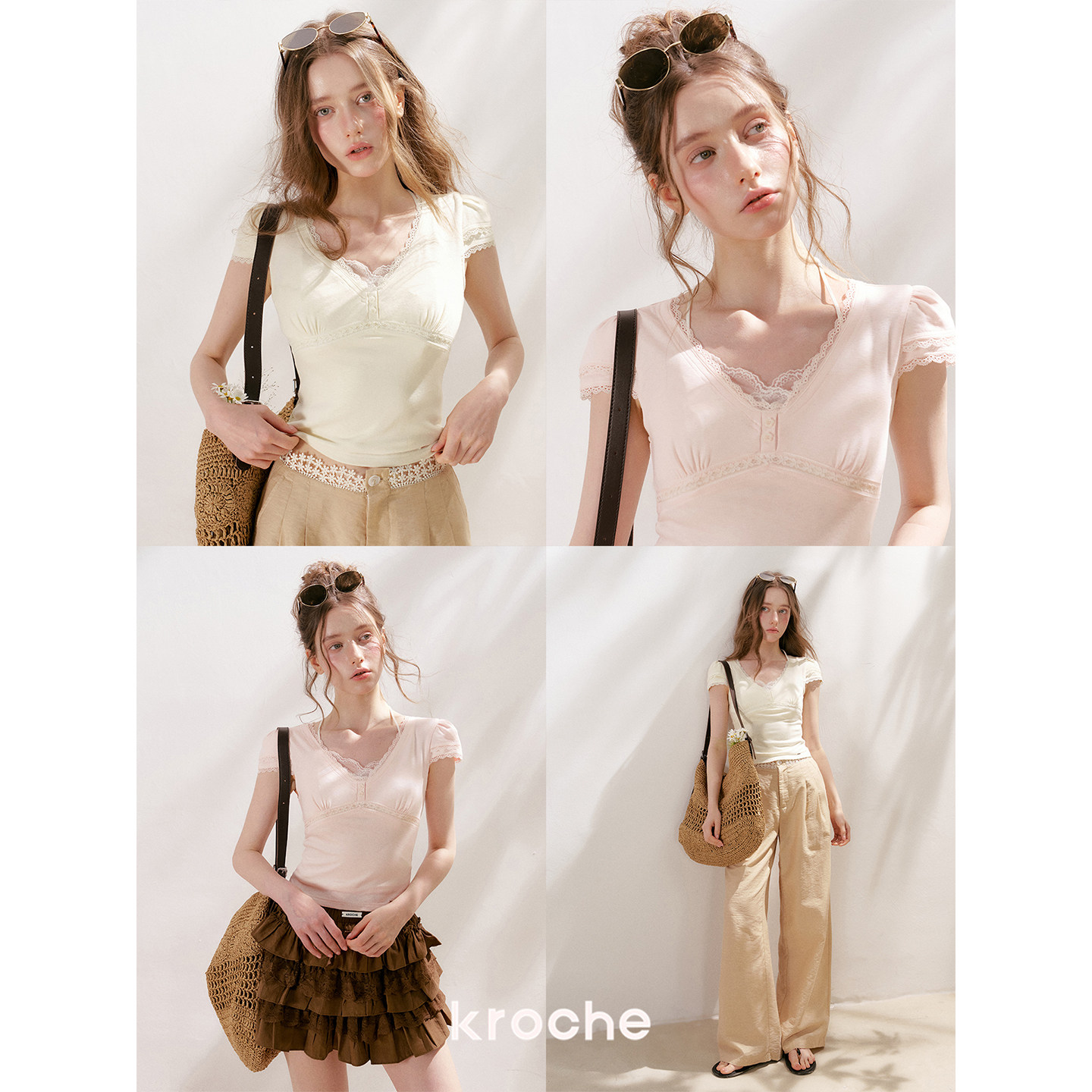 KROCHE レース Vネック 半袖 Tシャツ KEC8067