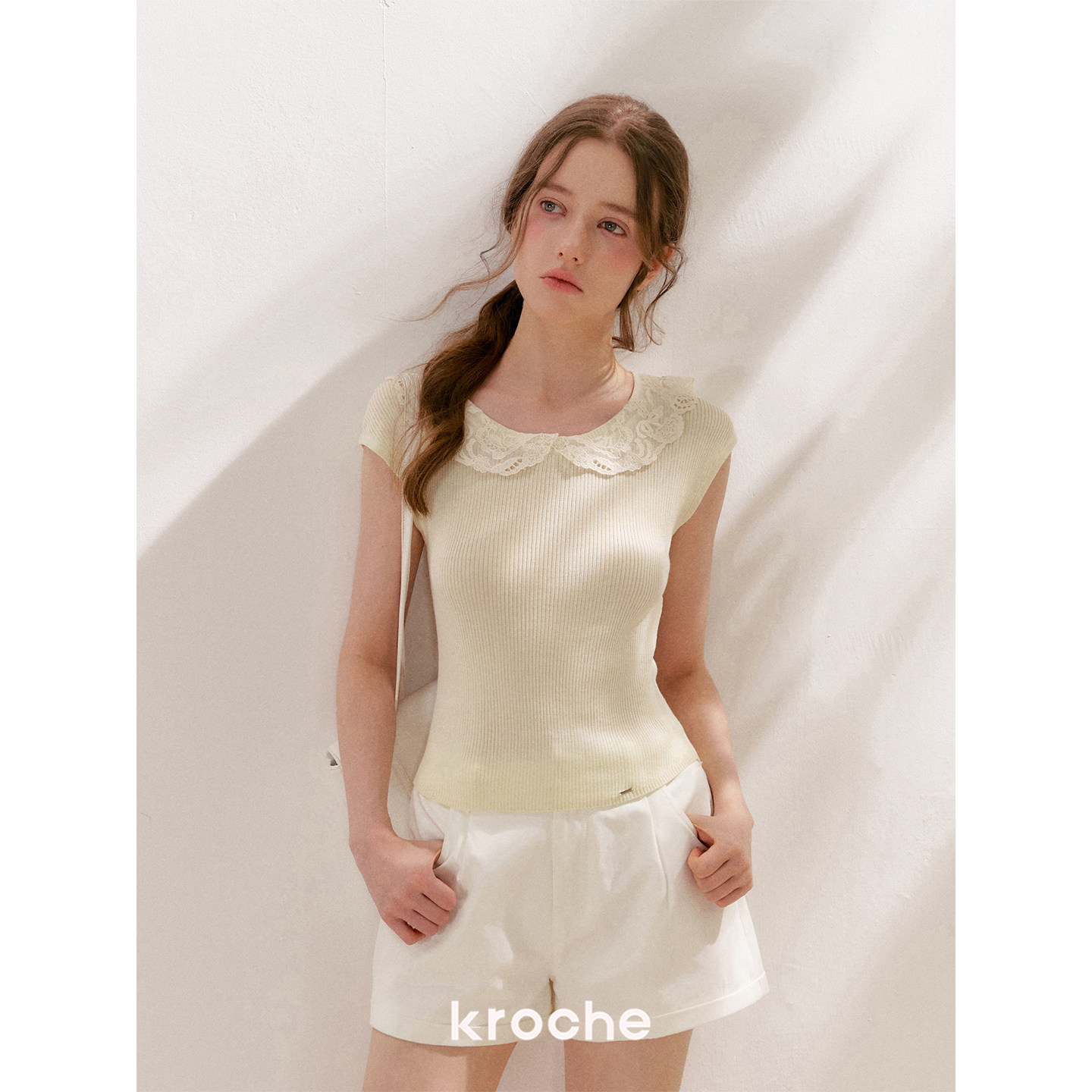 KROCHE レース 丸襟 刺繍 半袖 Tシャツ KPC8094