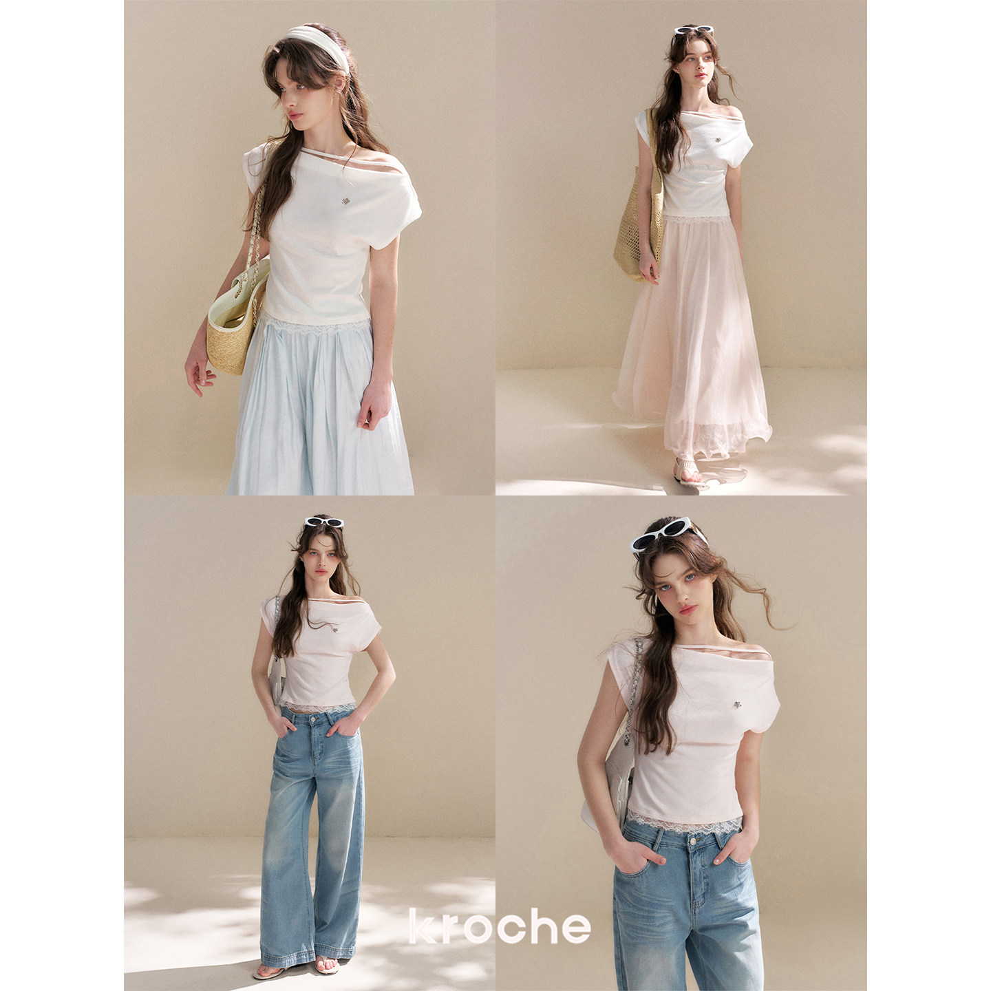 KROCHE レース アシンメトリー 半袖 Tシャツ KEC8063