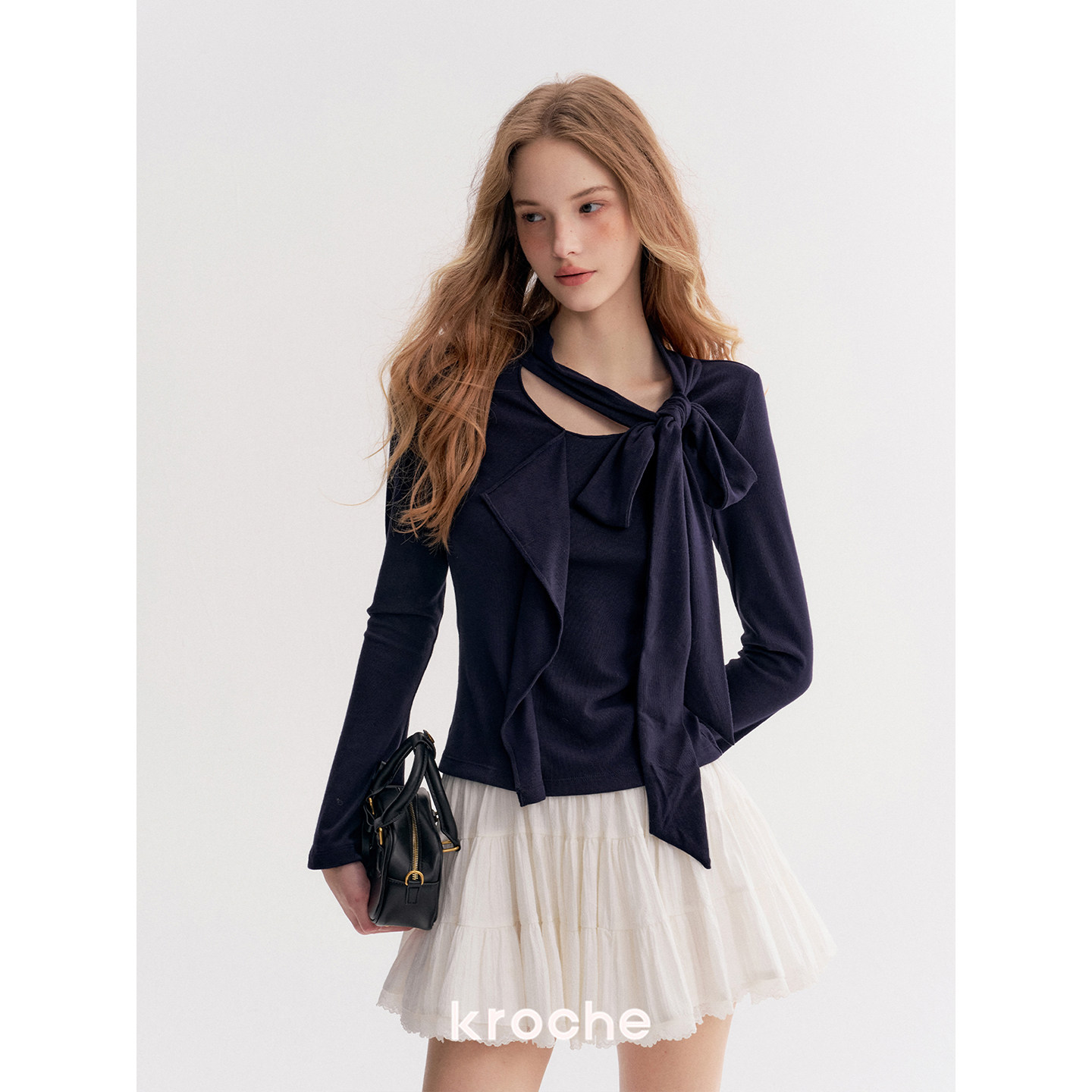 KROCHE リボン フリル Vネック 長袖 Tシャツ KE8032