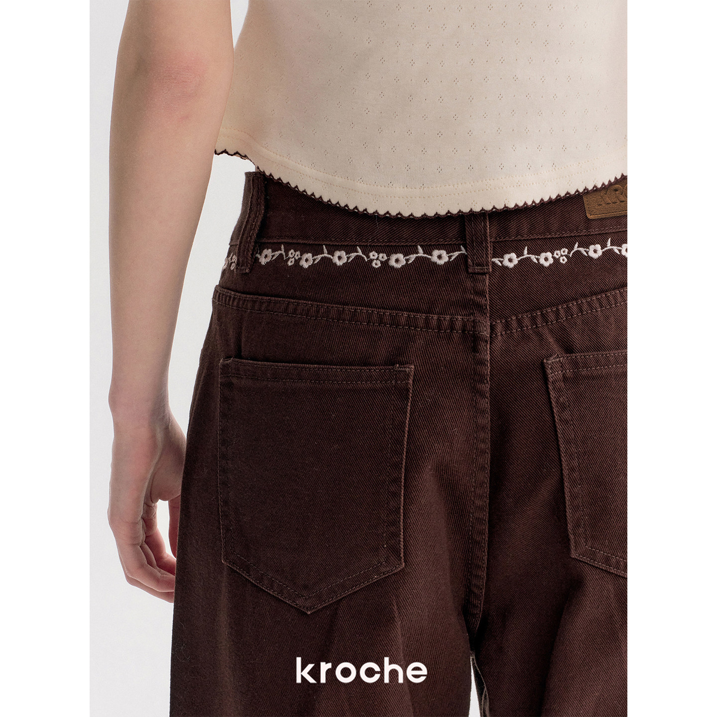 KROCHE 刺繍 配色 デニム ワイド デニムパンツ KN9015