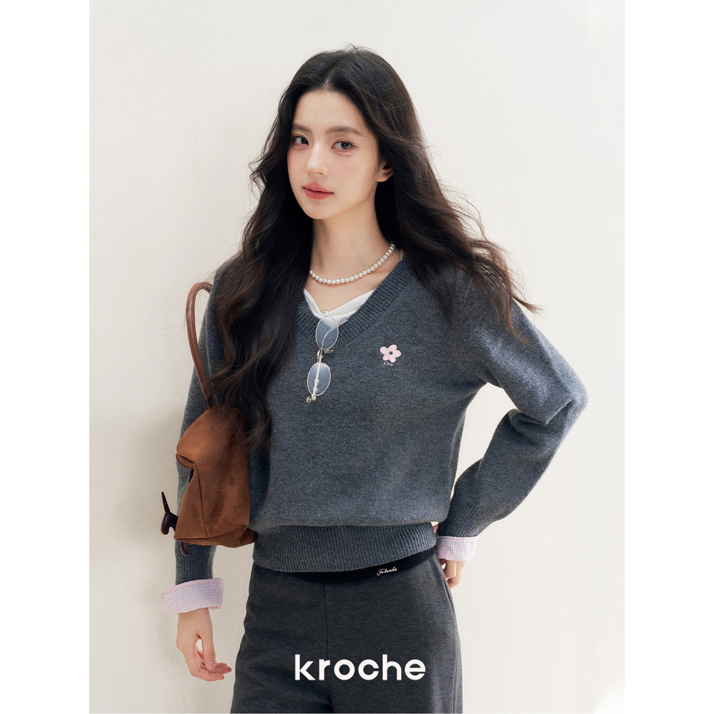 KROCHE Vネック チェック 重ね着風 長袖 ニット KP9032