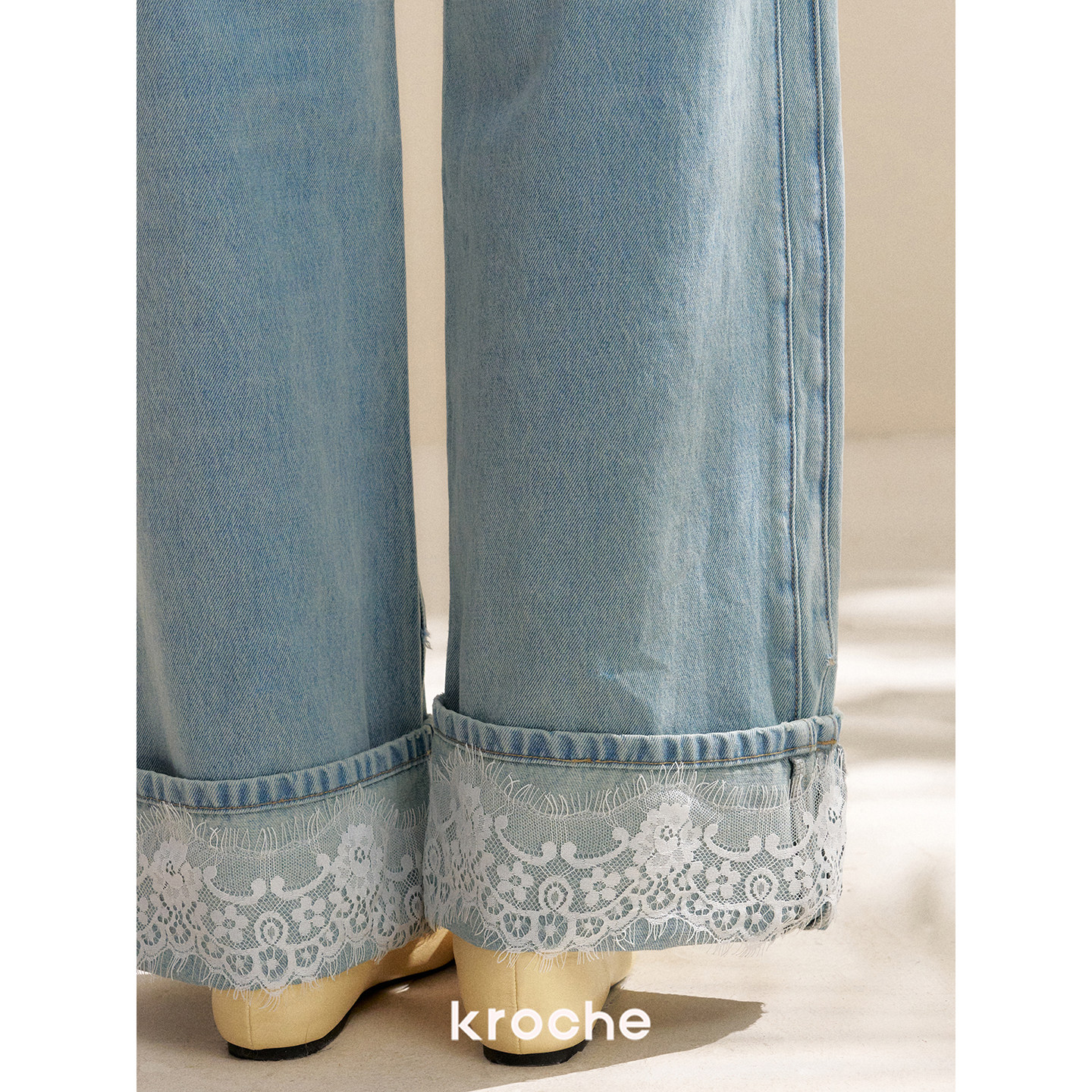 KROCHE レース デニム ハイウエスト ワイド デニムパンツ KN2027