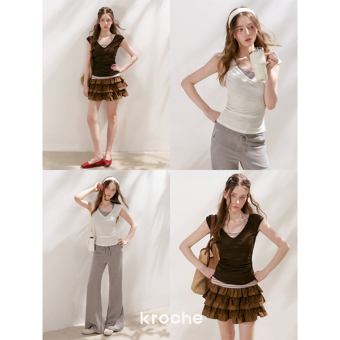 KROCHE ホルターネック ストライプ 配色 半袖 Tシャツ KEC8068