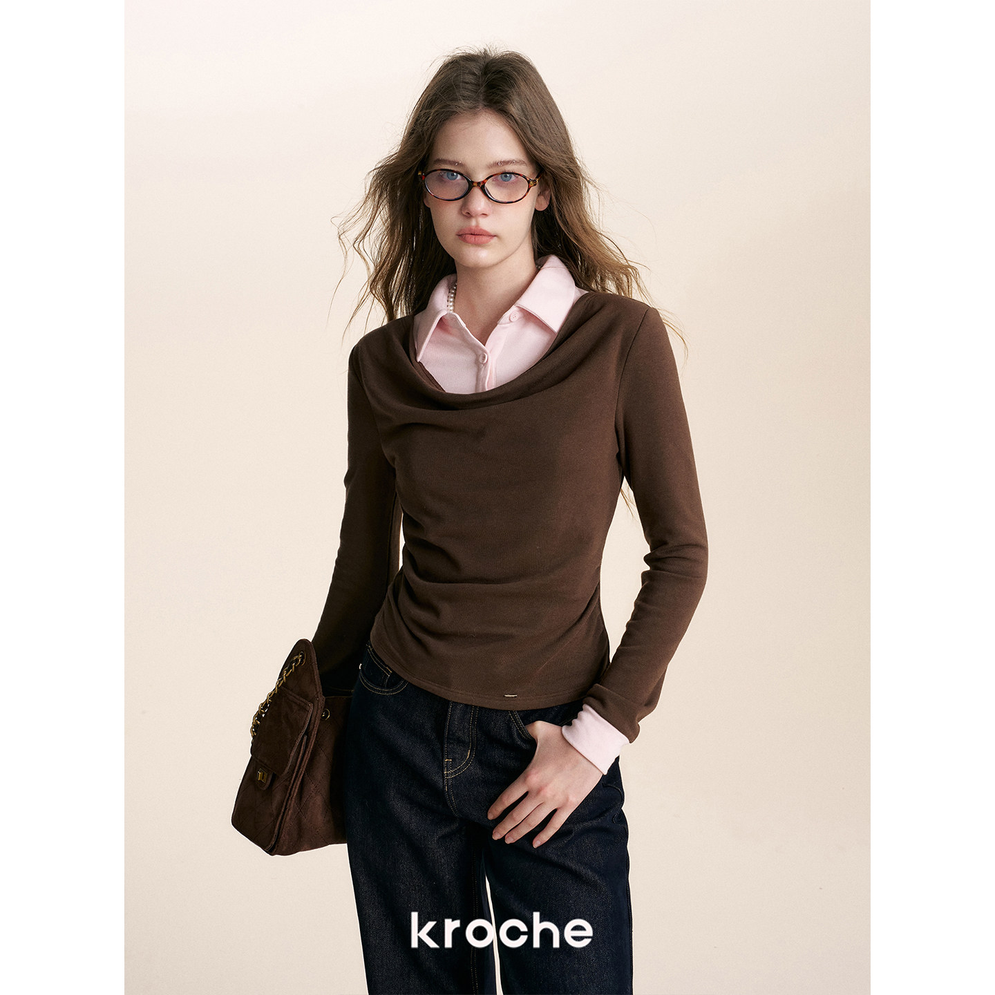 KROCHE 配色 重ね着風 長袖 シャツ・ブラウス KE8042